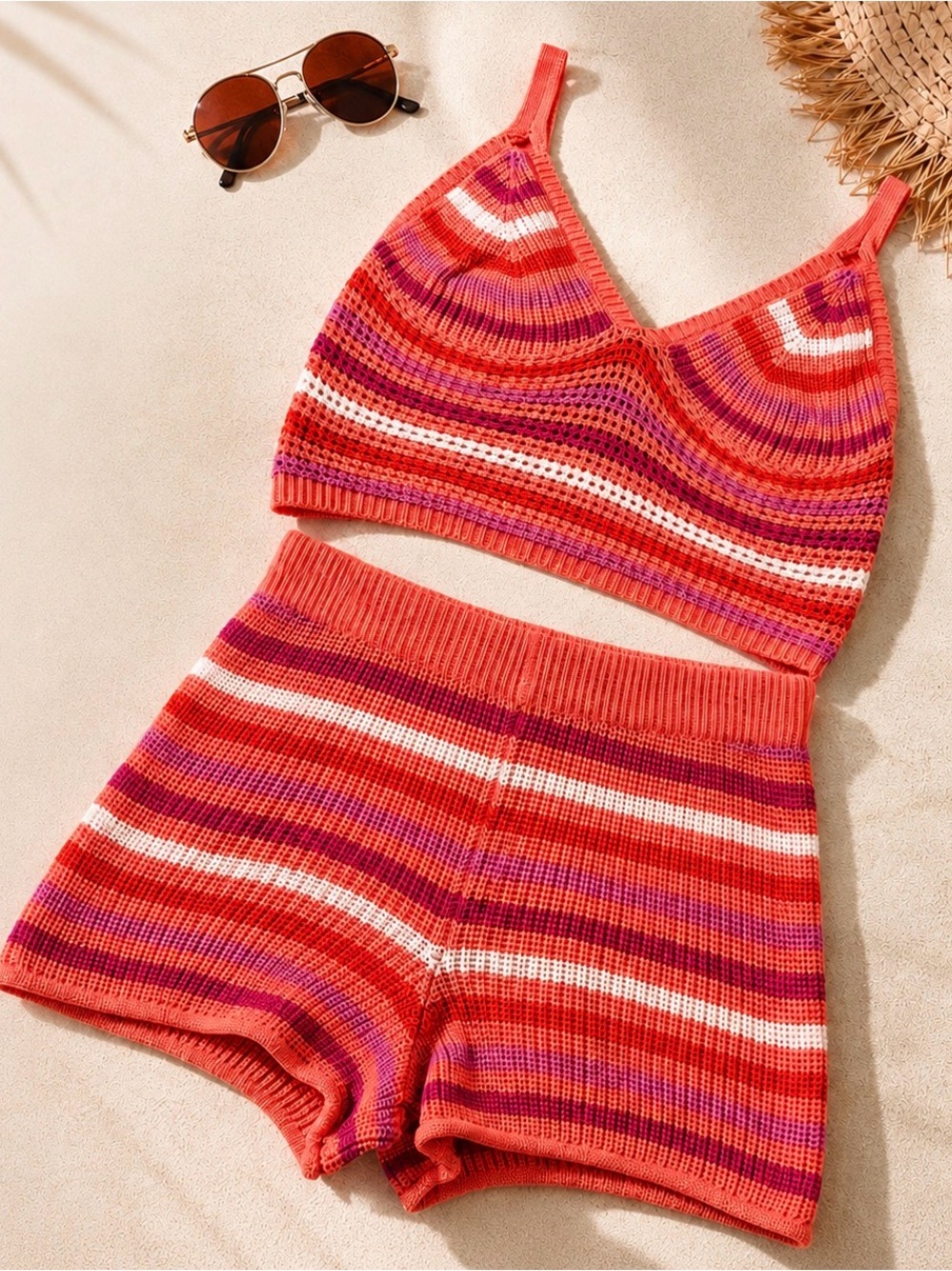No Comment Coral Orange Crochet Knit Striped Bralette & Shorts Set NWT